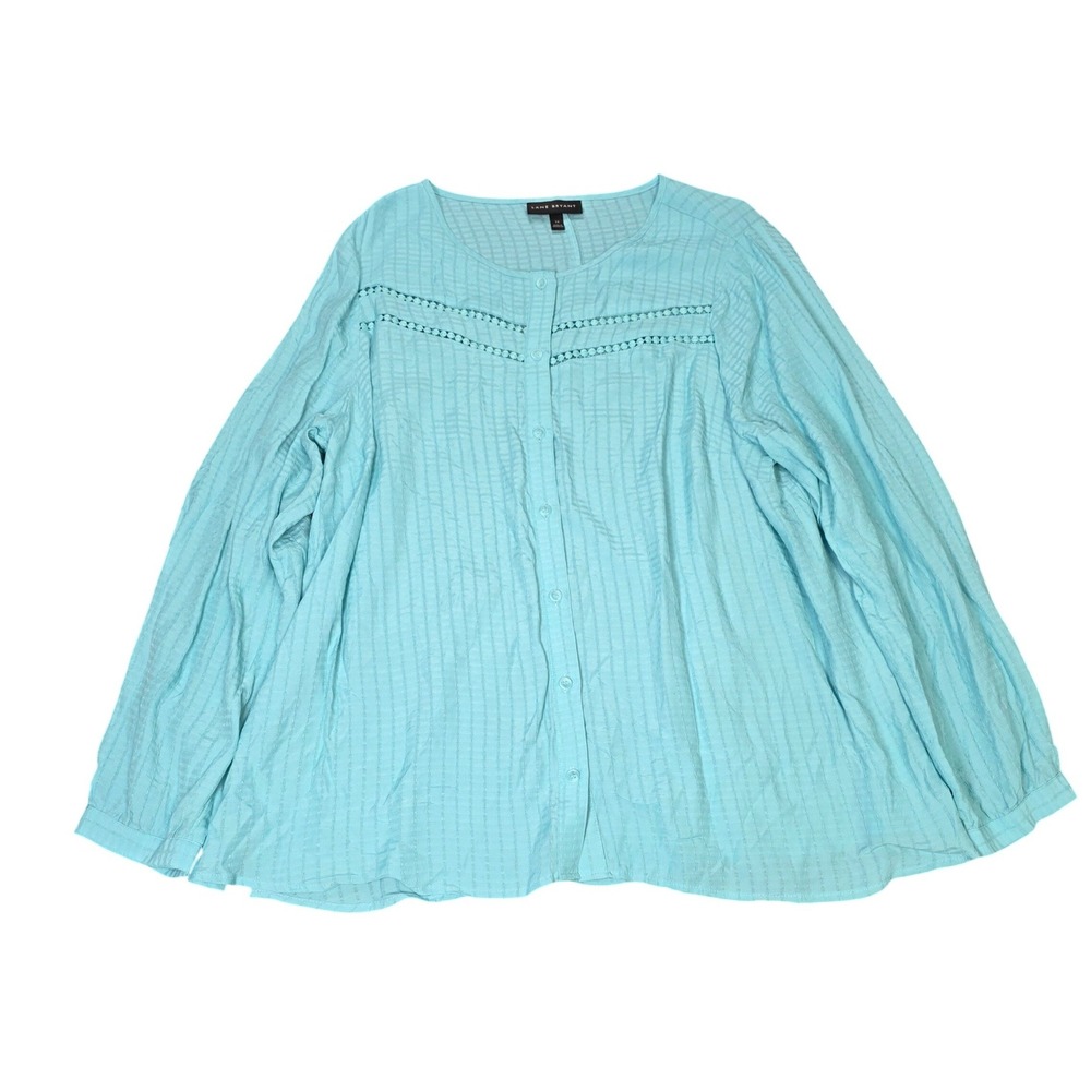 Lane Bryant Textured Stripe Blouse Women's Size 16 Aqua Blue Button Crochet Lace